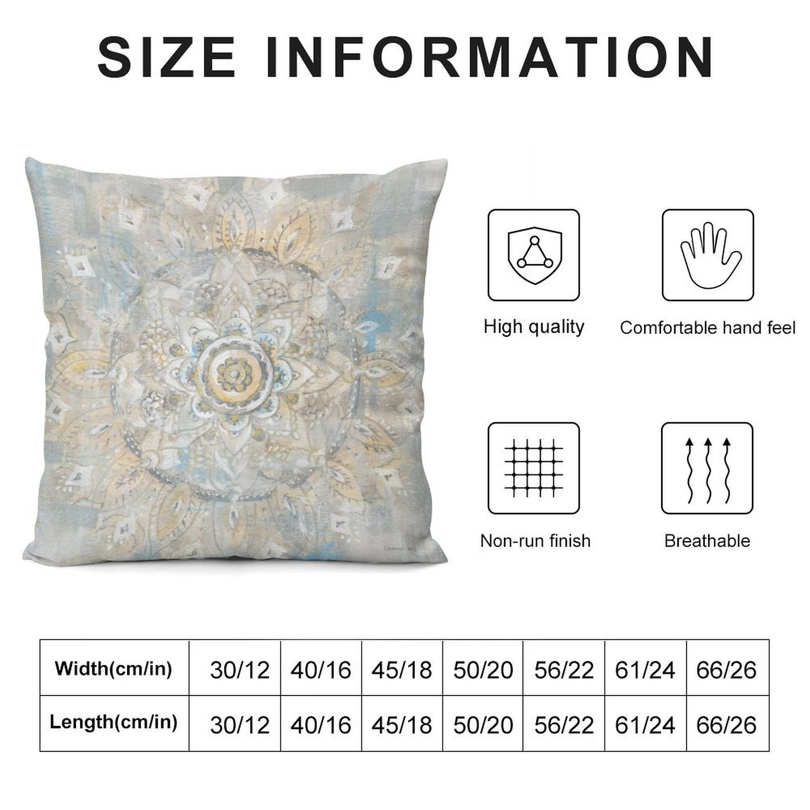 Plush throw pillow cover with mandala art design, soft and breathable. Includes size chart for sofa and couch.