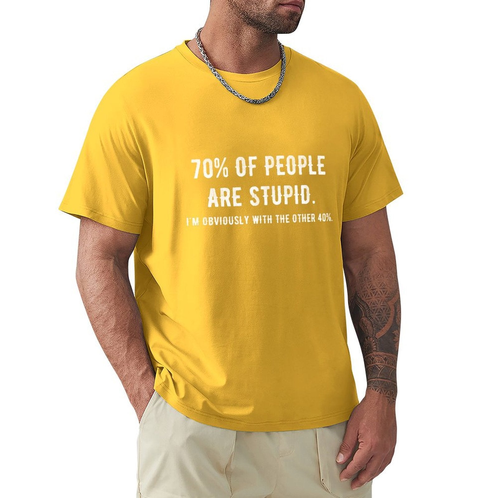 Yellow men's crew neck t-shirt with humorous statement, pure cotton fabric. Classic Tees