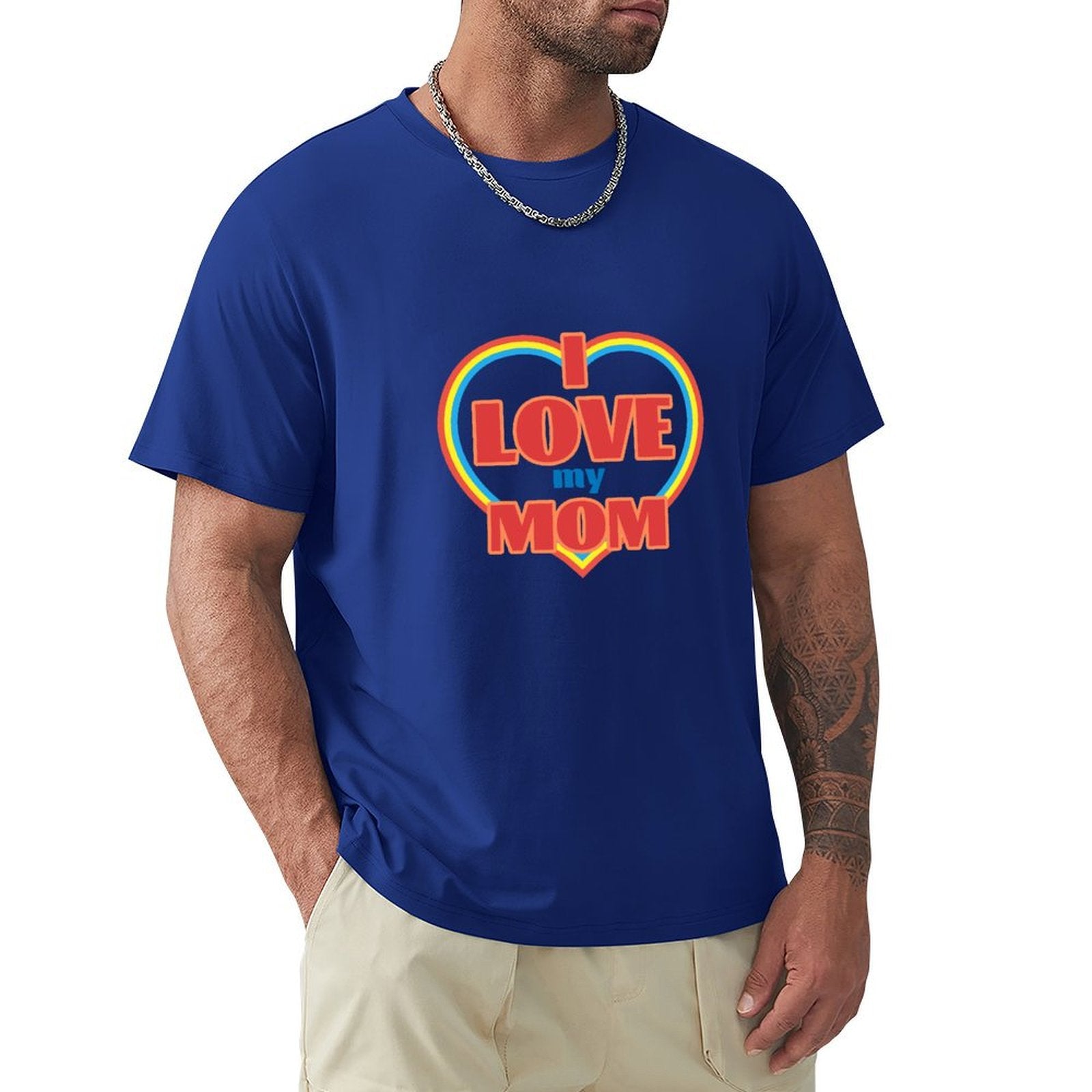 Men's blue cotton crew neck t-shirt with 'I Love My Mom' design, MyArtsyGift apparel, perfect gift.