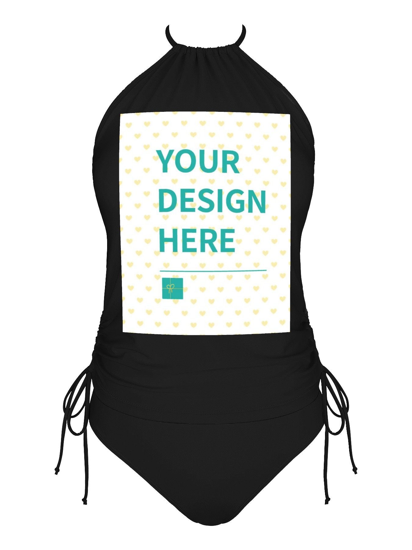 Custom black halter swimsuit for women with 'YOUR DESIGN HERE' text, personalized swimwear, made in USA