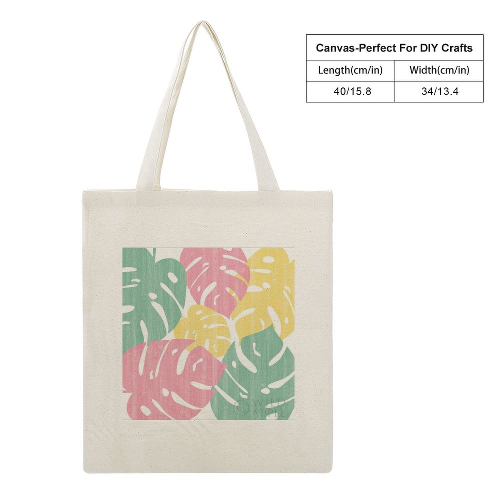 Canvas tote bag with Monstera leaf design in pink, green, and yellow, perfect for shopping or DIY crafts, size 40x34cm