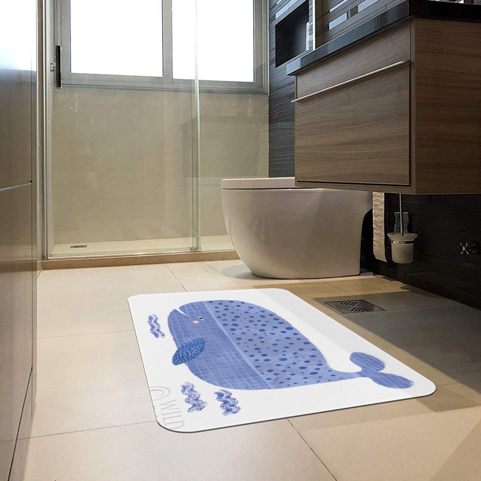 Whale bathroom mat, blue illustration with "WILD" text, for home decoration, indoor use, non-slip