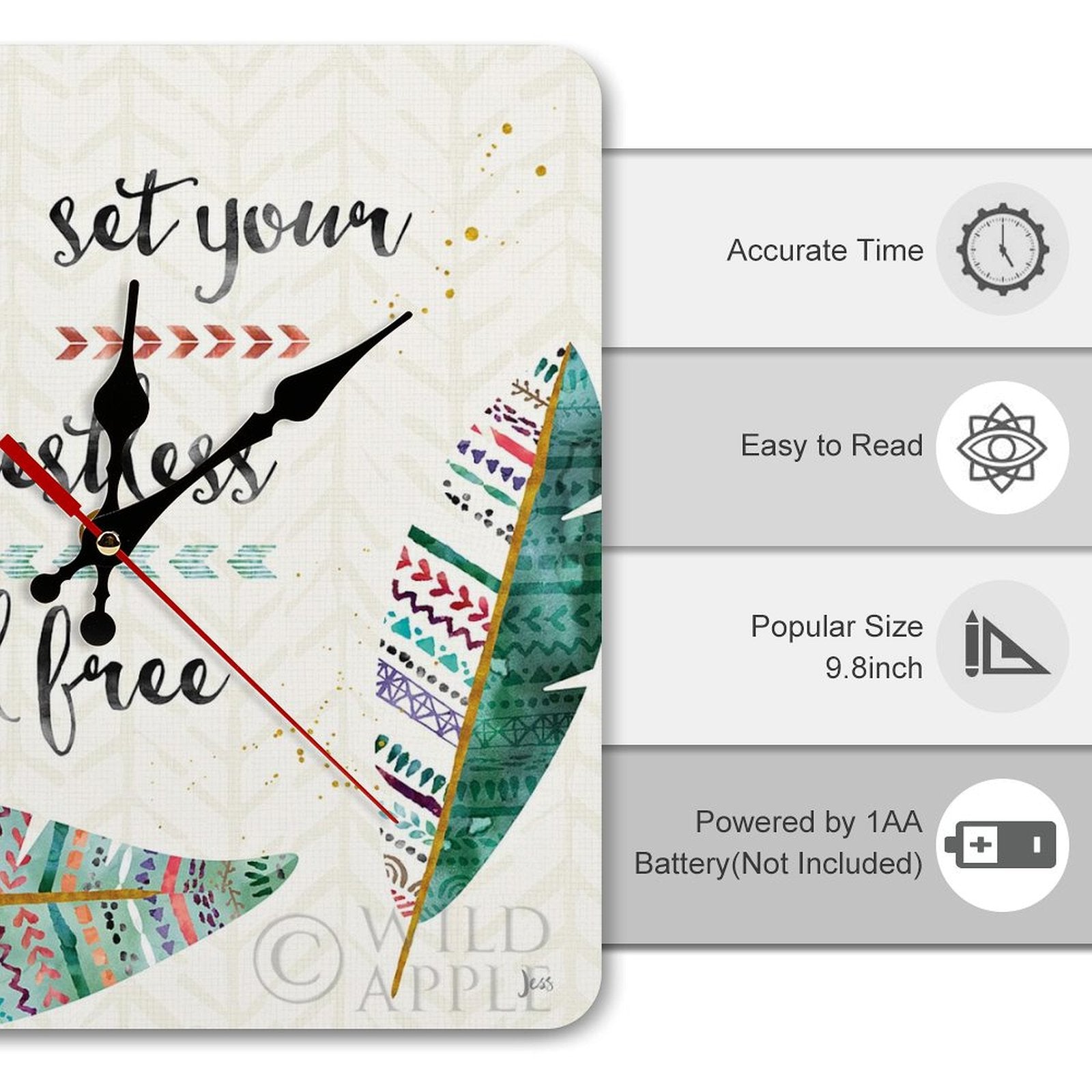 Square wooden wall clock, feather design with the quote "Set Your Restless Soul Free", home decor.