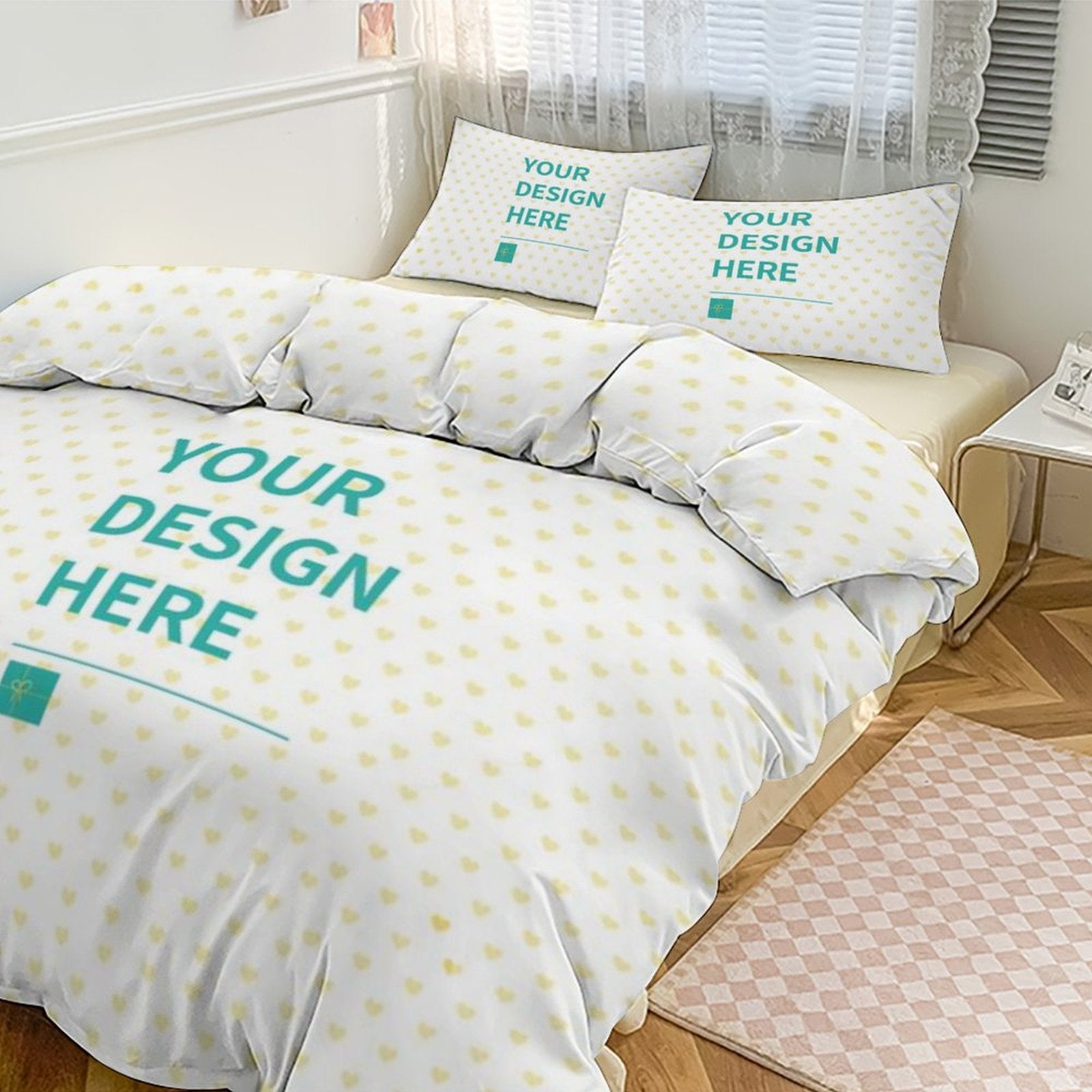 Customized 3-Piece Bedding Set featuring 'YOUR DESIGN HERE' design, soft and breathable bedding sets.