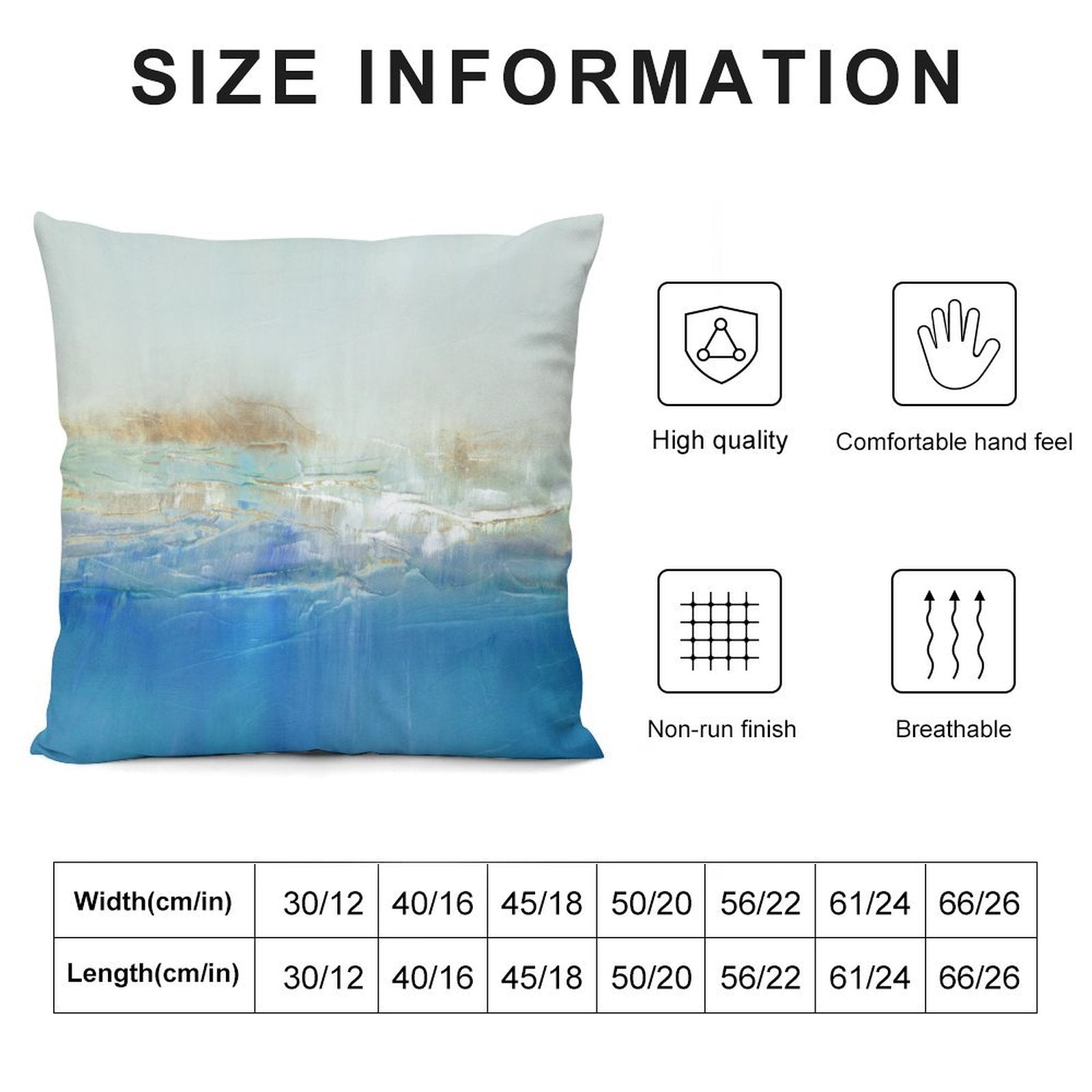 Luxury plush pillow cover with abstract blue and white art and size guide. High quality, comfortable, and breathable.