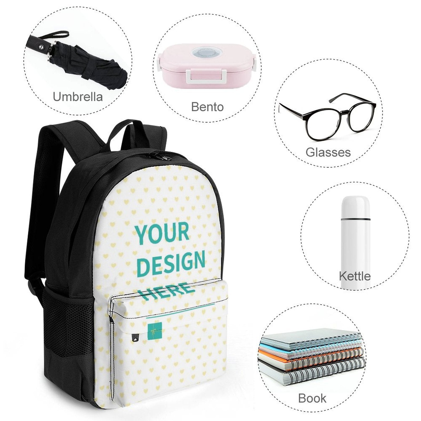 Custom kids backpack with heart pattern, 'YOUR DESIGN HERE' print, side pockets, for girls and boys, durable polyester.