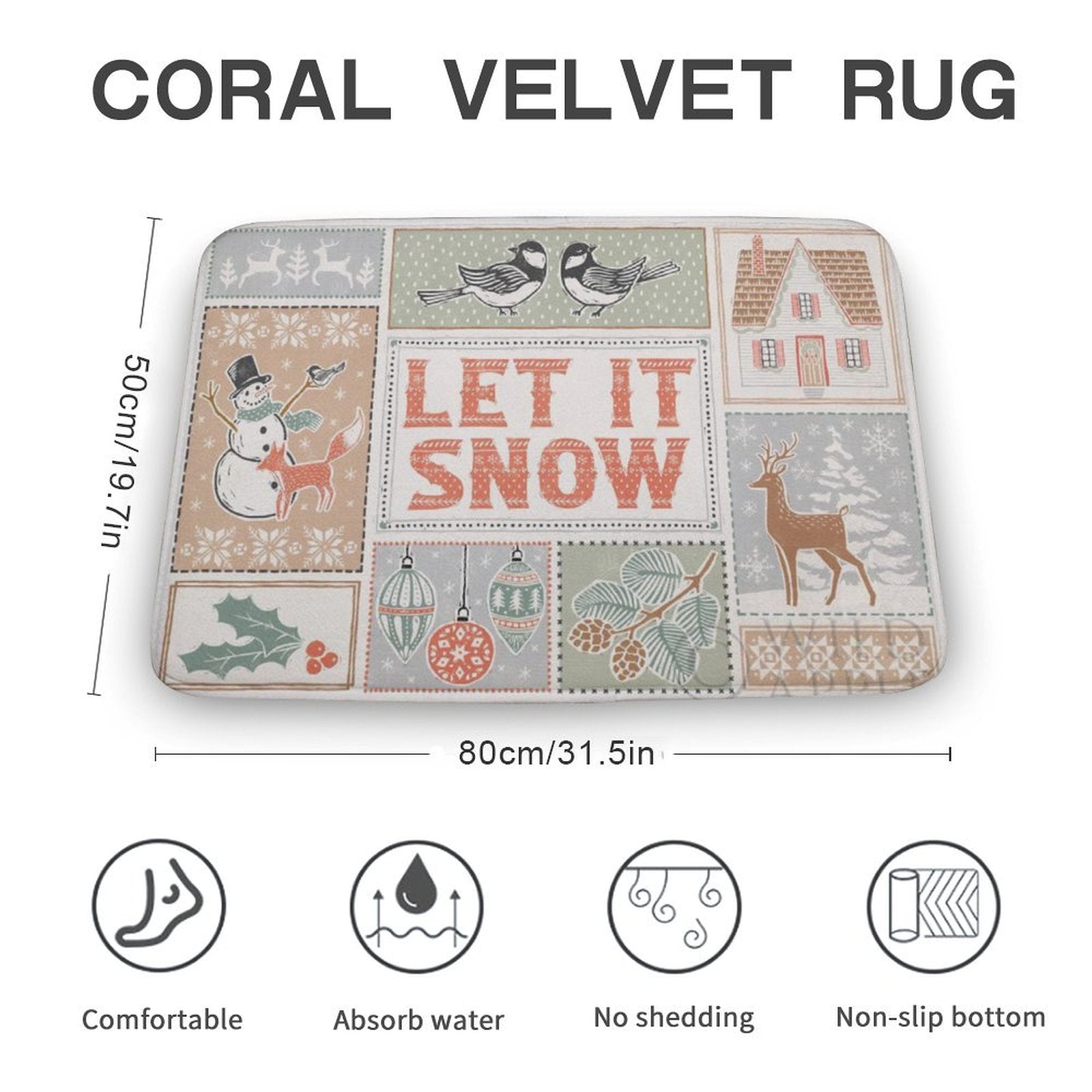 Coral velvet rug with winter theme, "LET IT SNOW" design, non-slip bathroom rug.