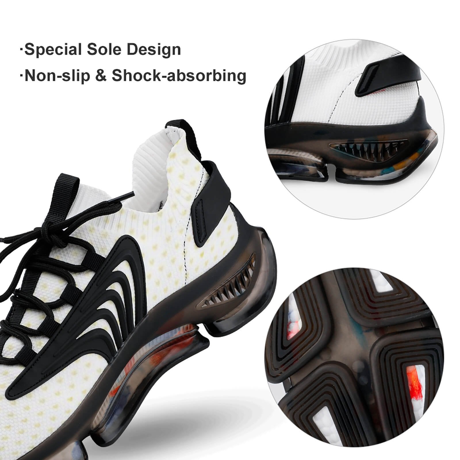 Men's custom running shoes with white Flyknit, black TPU accents, and sole design for sports
