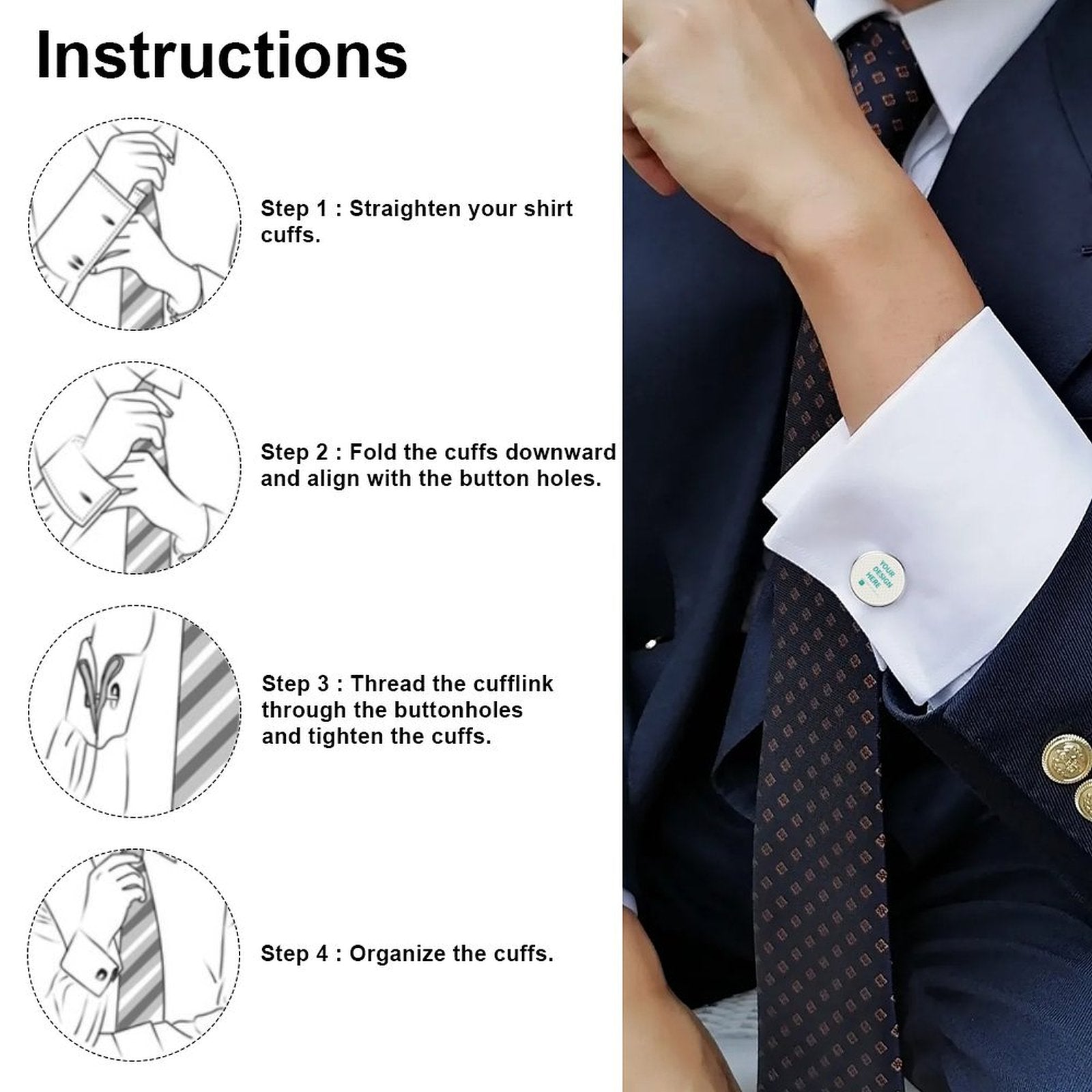 Cufflink tutorial, featuring personalized "YOUR DESIGN HERE" alloy cufflinks for men, perfect for tuxedo shirts and wedding gifts.