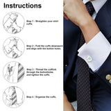 Cufflink tutorial, featuring personalized "YOUR DESIGN HERE" alloy cufflinks for men, perfect for tuxedo shirts and wedding gifts.