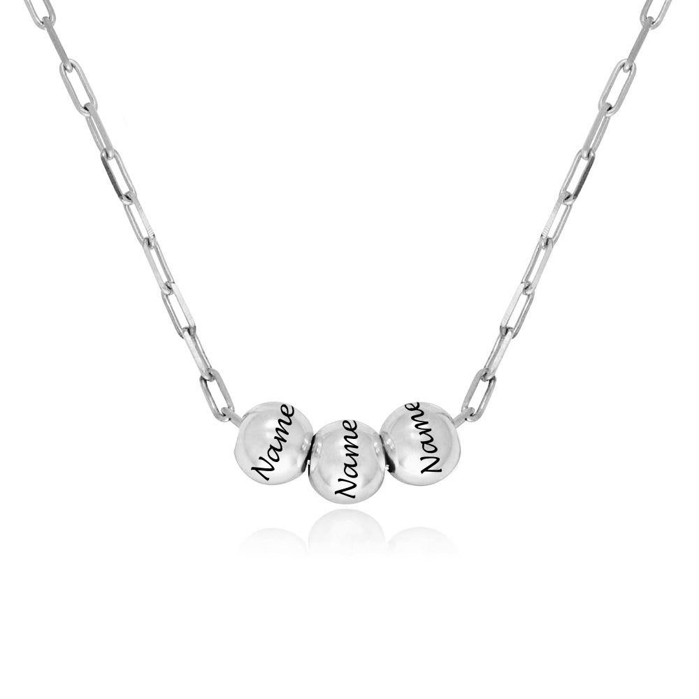 Custom Name Necklace in Silver. Personalized bead necklace engraved with names, perfect gift for men and women.