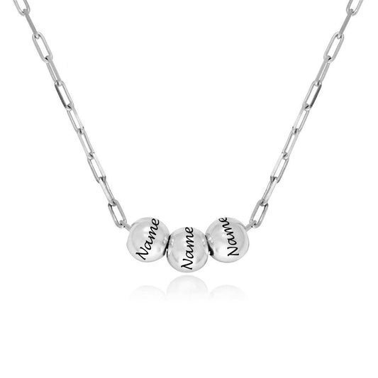 Custom Name Necklace in Silver. Personalized bead necklace engraved with names, perfect gift for men and women.