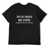 Men's black crew neck t-shirt with humorous printed graphic: 70% of people are stupid.