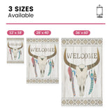 Welcome garden flag with bull skull and feather design, available in 3 sizes: 12x18, 28x40, and 36x60.