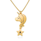 Gold unicorn necklace with star pendant initial 'A' - Custom jewelry gift for girls