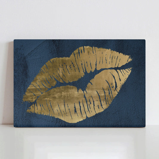 Navy and gold kiss canvas print on textured navy background, made in USA