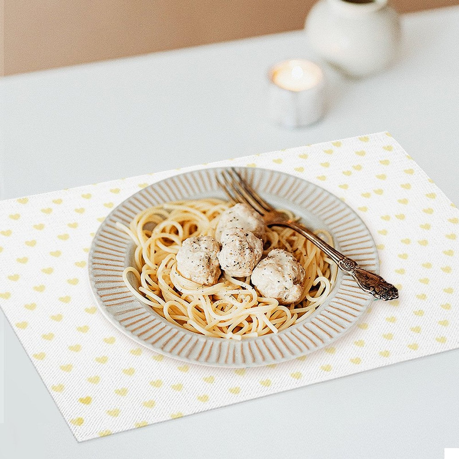 Heart pattern PVC placemat with spaghetti and meatballs, perfect for dining table decor, MyArtsyGift