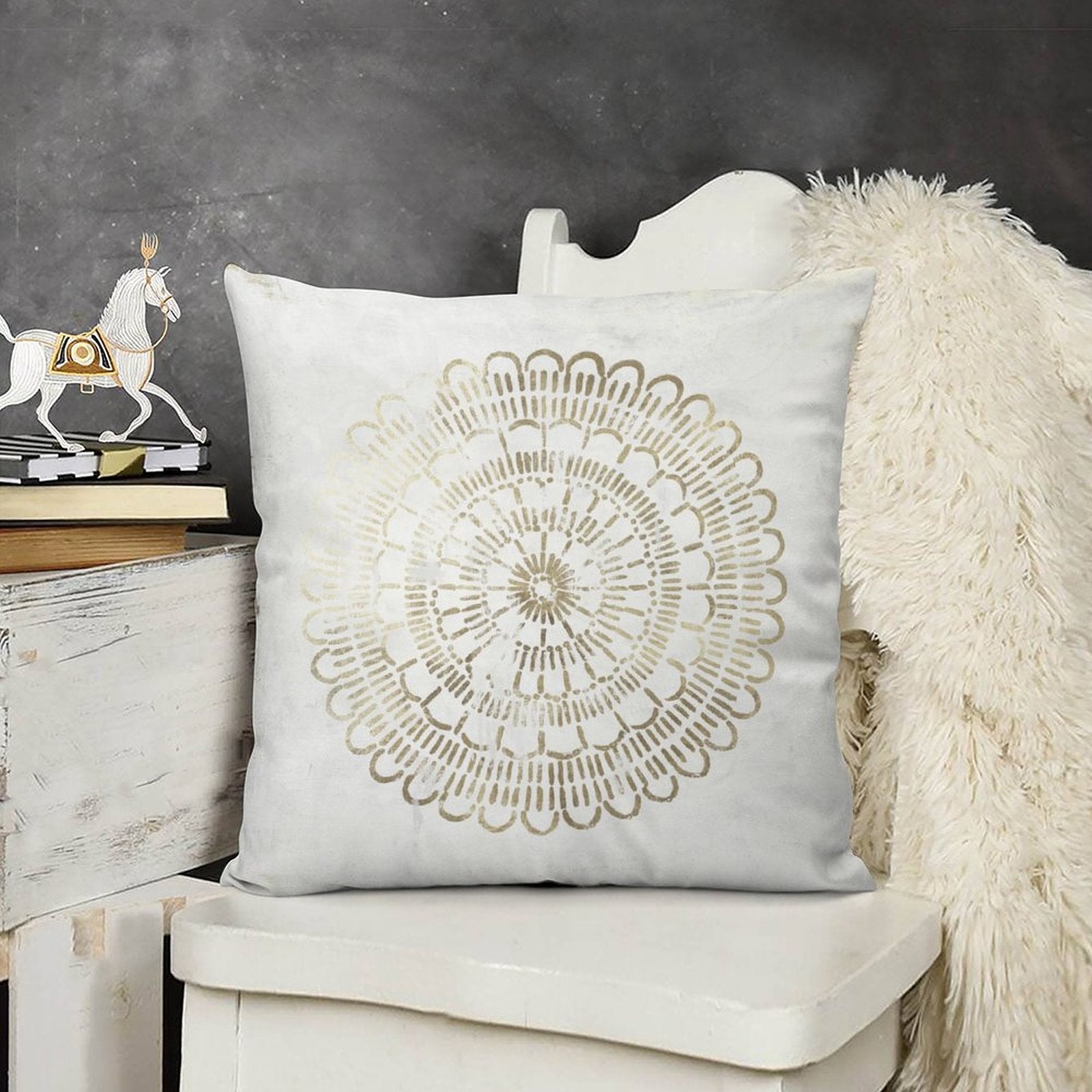 Luxury soft fluffy white pillow cover with gold mandala design, perfect for sofa, couch, or living room decor.