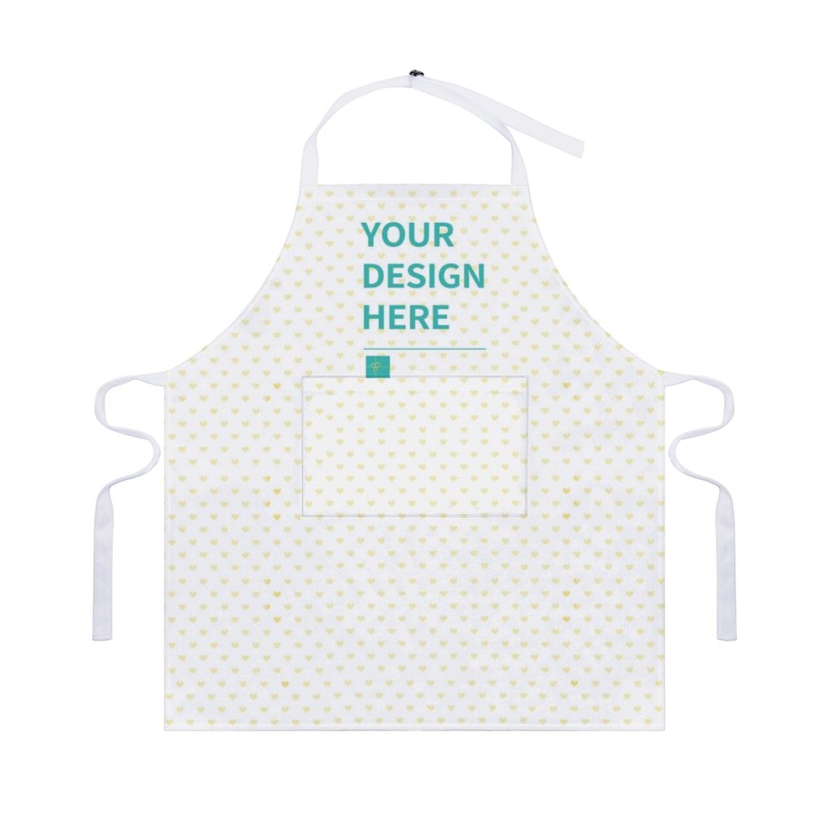 Personalized cooking apron with pockets and 'YOUR DESIGN HERE' text. Perfect for kitchen BBQ, polyester material.