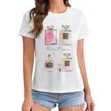 White crewneck t-shirt with Paris Perfum graphic print, women's apparel
