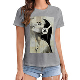 Gray MyArtsyGift graphic tee with woman and star headphone art print. Classic design