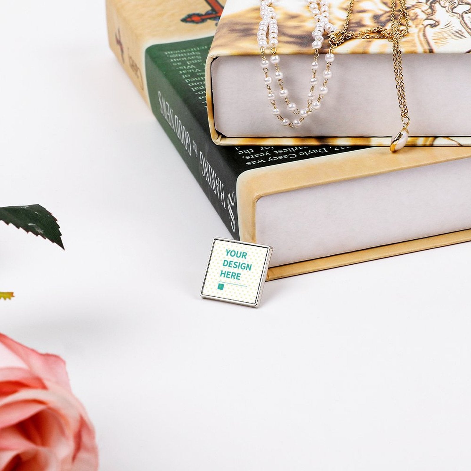 Custom square alloy lapel pin with 'YOUR DESIGN HERE', personalized design for shirt, jacket, or business, MyArtsyGift