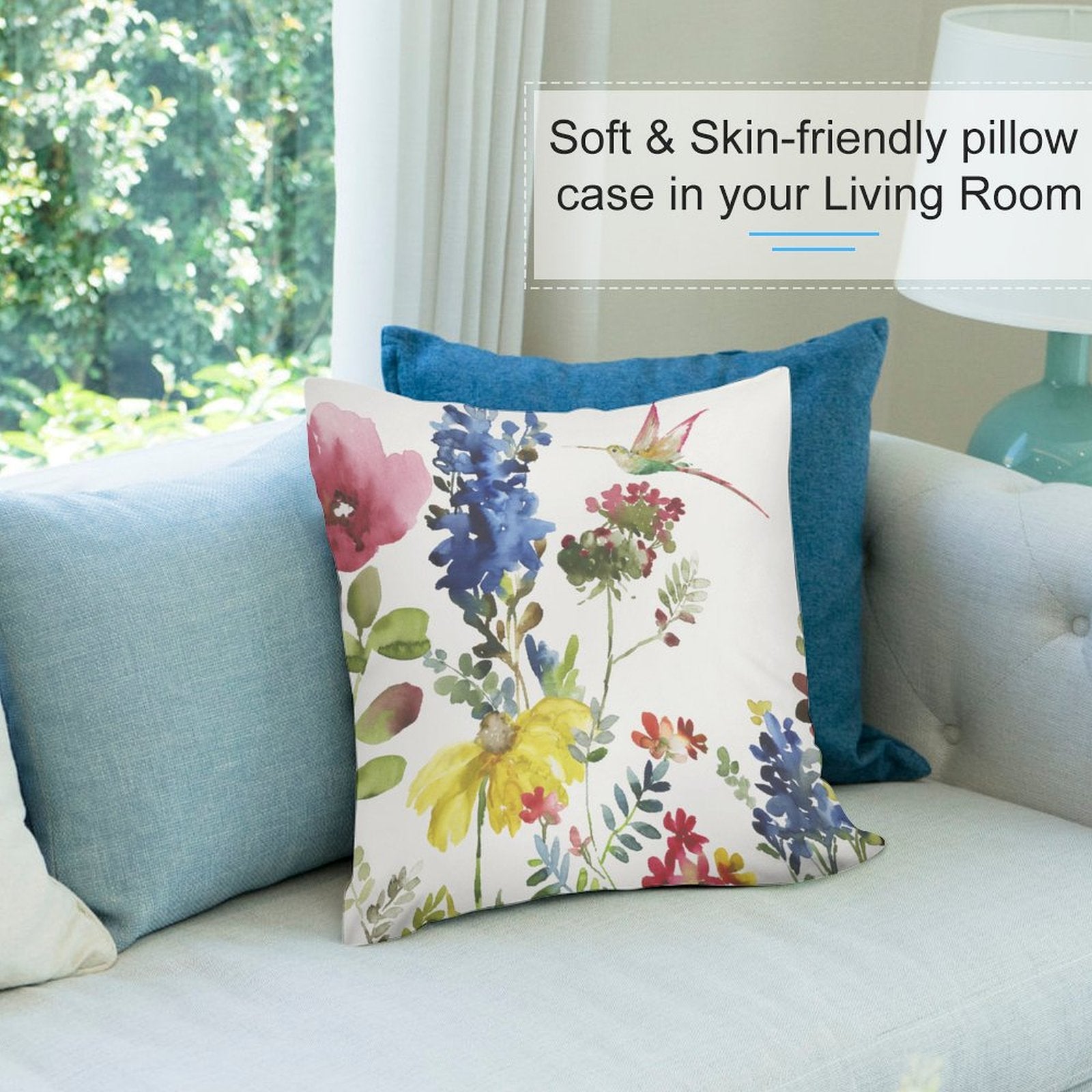 Watercolor floral plush pillow cover with hummingbird, soft and skin-friendly for living room, MyArtsyGift.