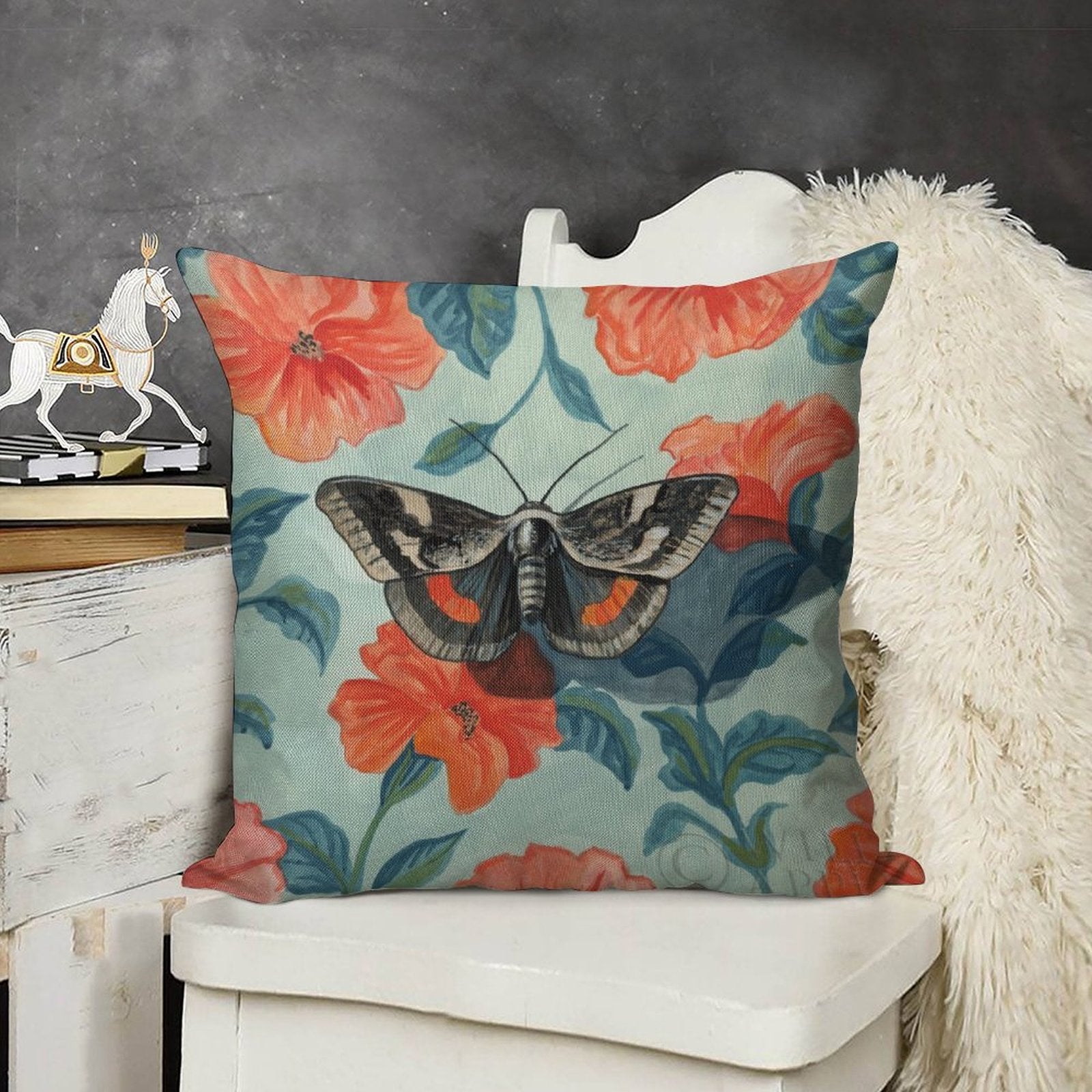 Linen throw pillow case with Academia Moth design, home decor accent for living room or bedroom, made in USA