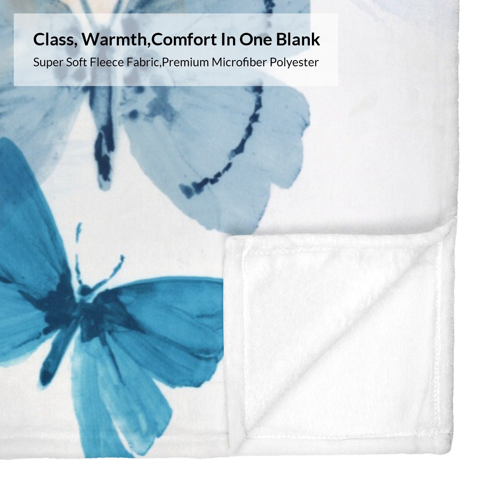 Blue Butterflies Flannel Blanket detail, soft and cozy microfiber polyester, perfect for couch or bed, watercolor design.
