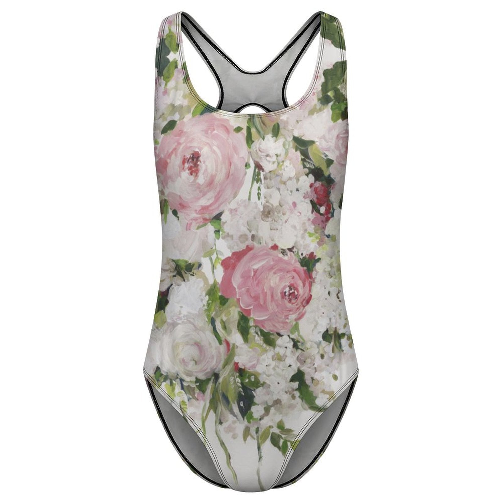 Floral one-piece swimsuit with pink roses, women's swimwear available at MyArtsyGift