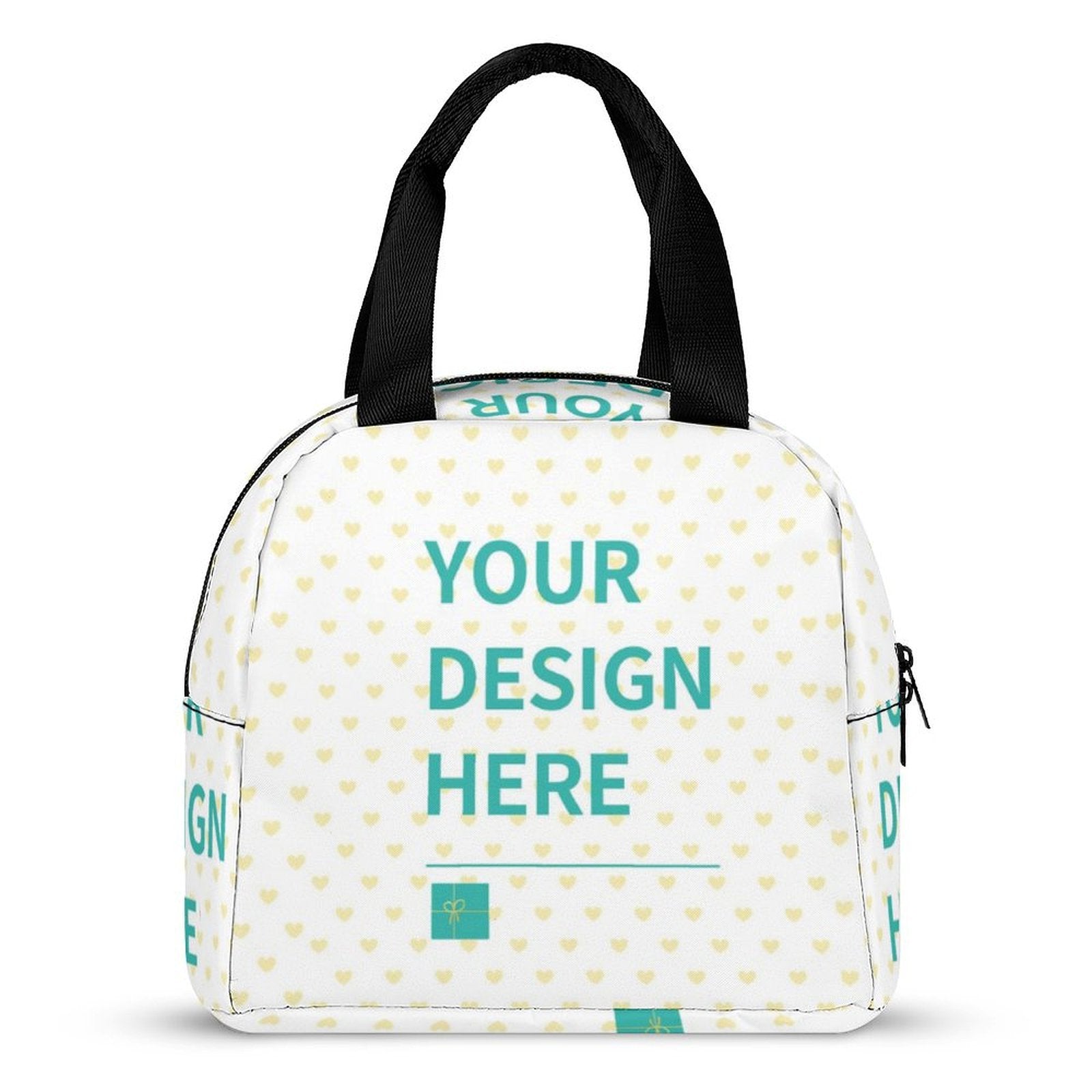 Customizable insulated lunch bag with heart pattern. Perfect for work, travel, and school. Your design here.