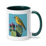 MyArtsyGift ceramic mug, yellow bird and cactus design with a green handle and inner, WILD APPLE art