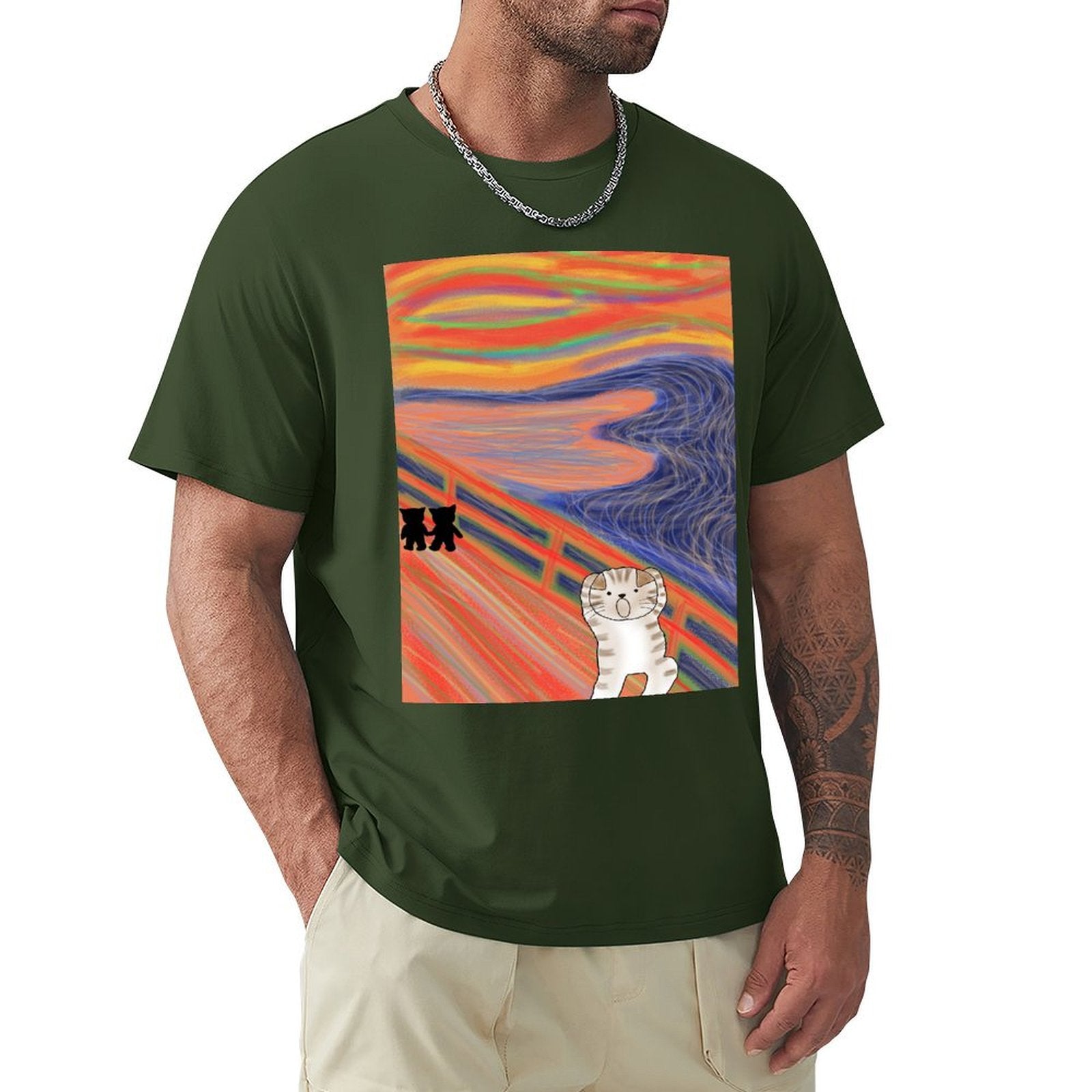 Men's dark green short sleeve t-shirt with 'The Scream' cat art print. Classic cotton tee.