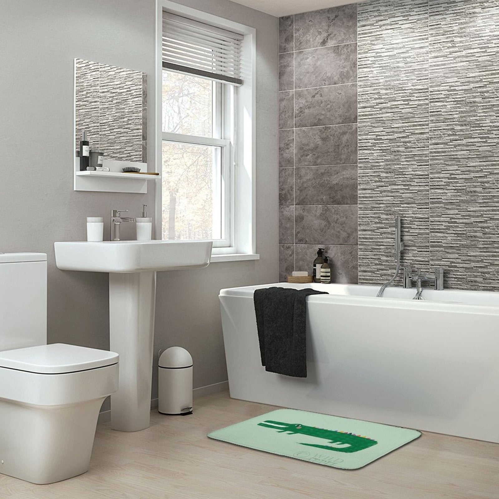 Green crocodile bath rug in a modern bathroom with a non-slip design; bathroom, kitchen, or bedroom rug.