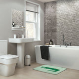 Green crocodile bath rug in a modern bathroom with a non-slip design; bathroom, kitchen, or bedroom rug.