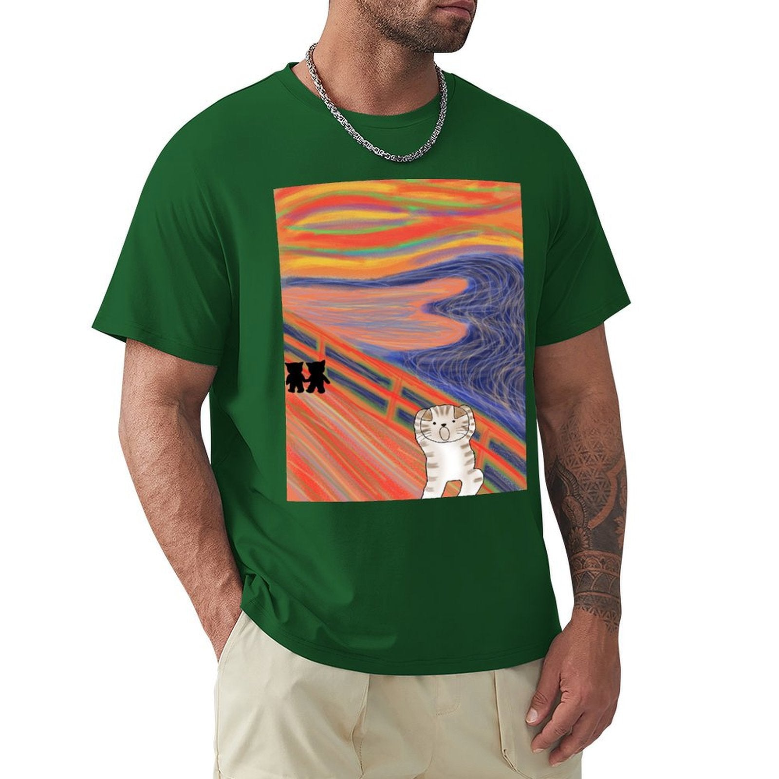Men's green 'The Scream' cat art t-shirt from MyArtsyGift. Classic short sleeve tee.