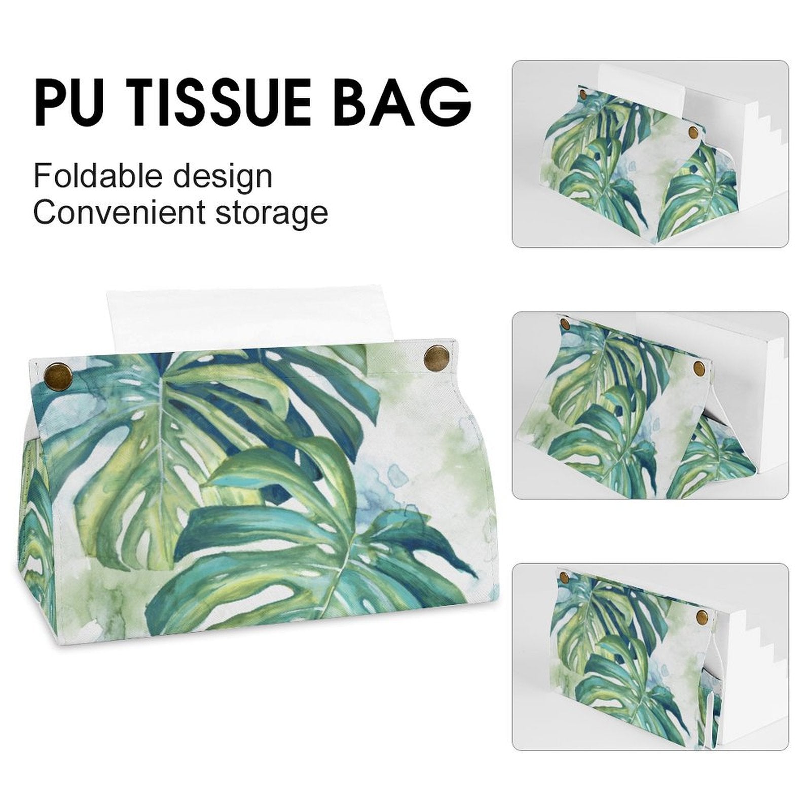 PU tissue box cover with monstera leaf print, foldable design, perfect for bathroom, bedroom or office