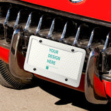 Customizable license plate with 'YOUR DESIGN HERE' text on a car, ideal for gifts