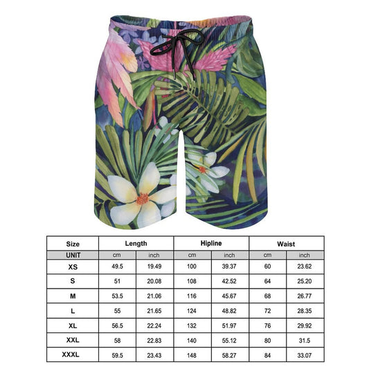 Men's Hawaiian swim trunks with floral tropical print, drawstring waist, and size chart