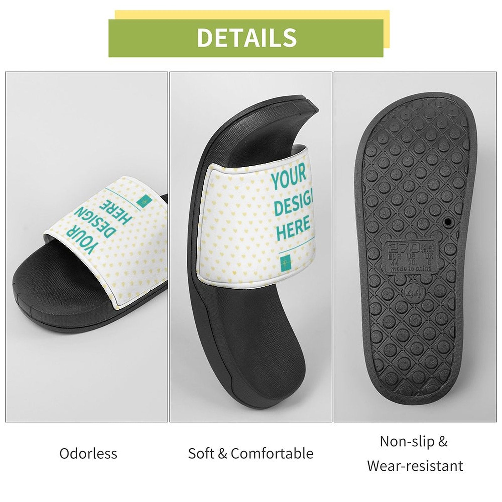Custom slide slippers for men and women, black sole, white strap with personalized design, comfortable.