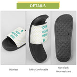 Custom slide slippers for men and women, black sole, white strap with personalized design, comfortable.