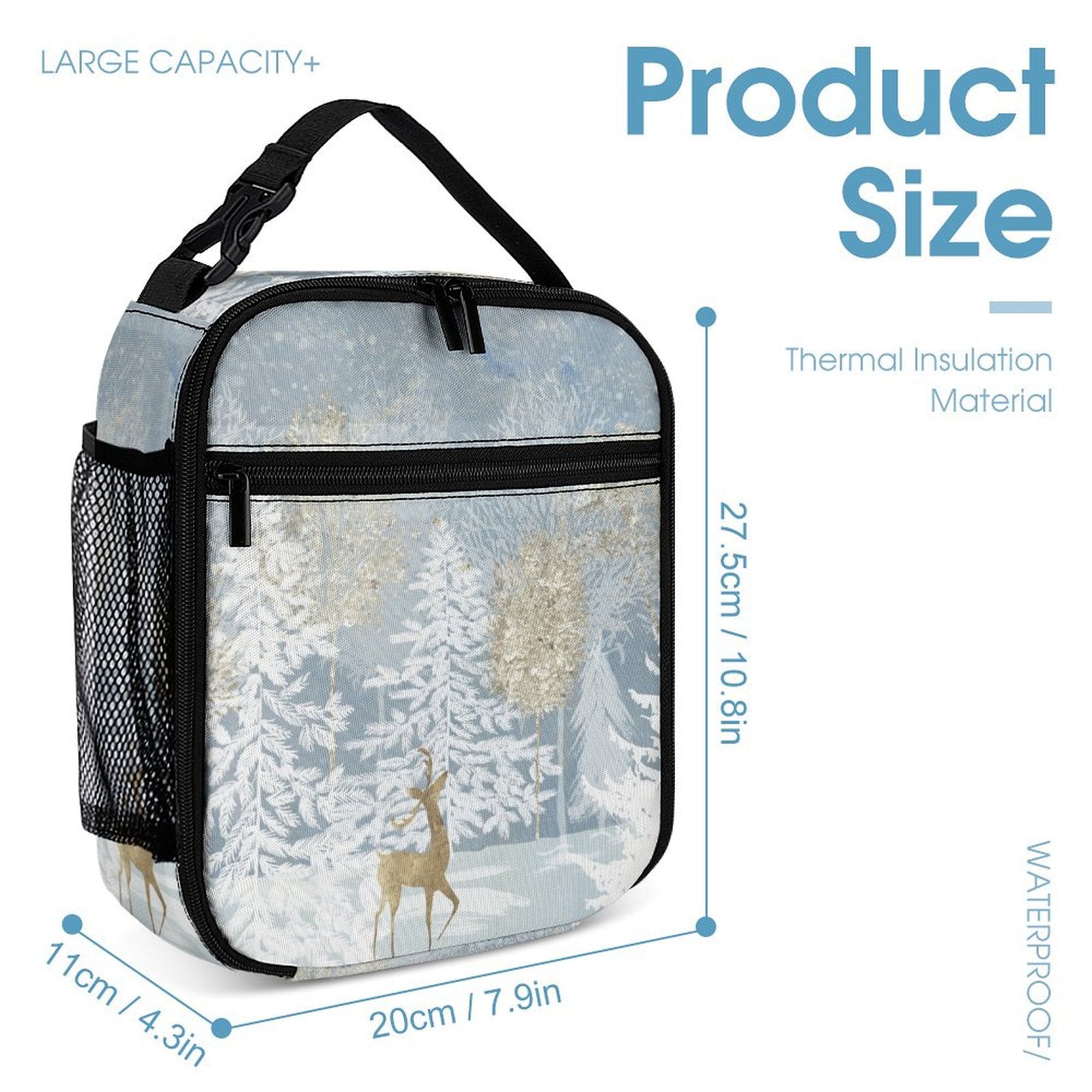 Kids' insulated lunch bag with winter forest design, waterproof material, and deer pattern; part of MyArtsyGift backpack set.