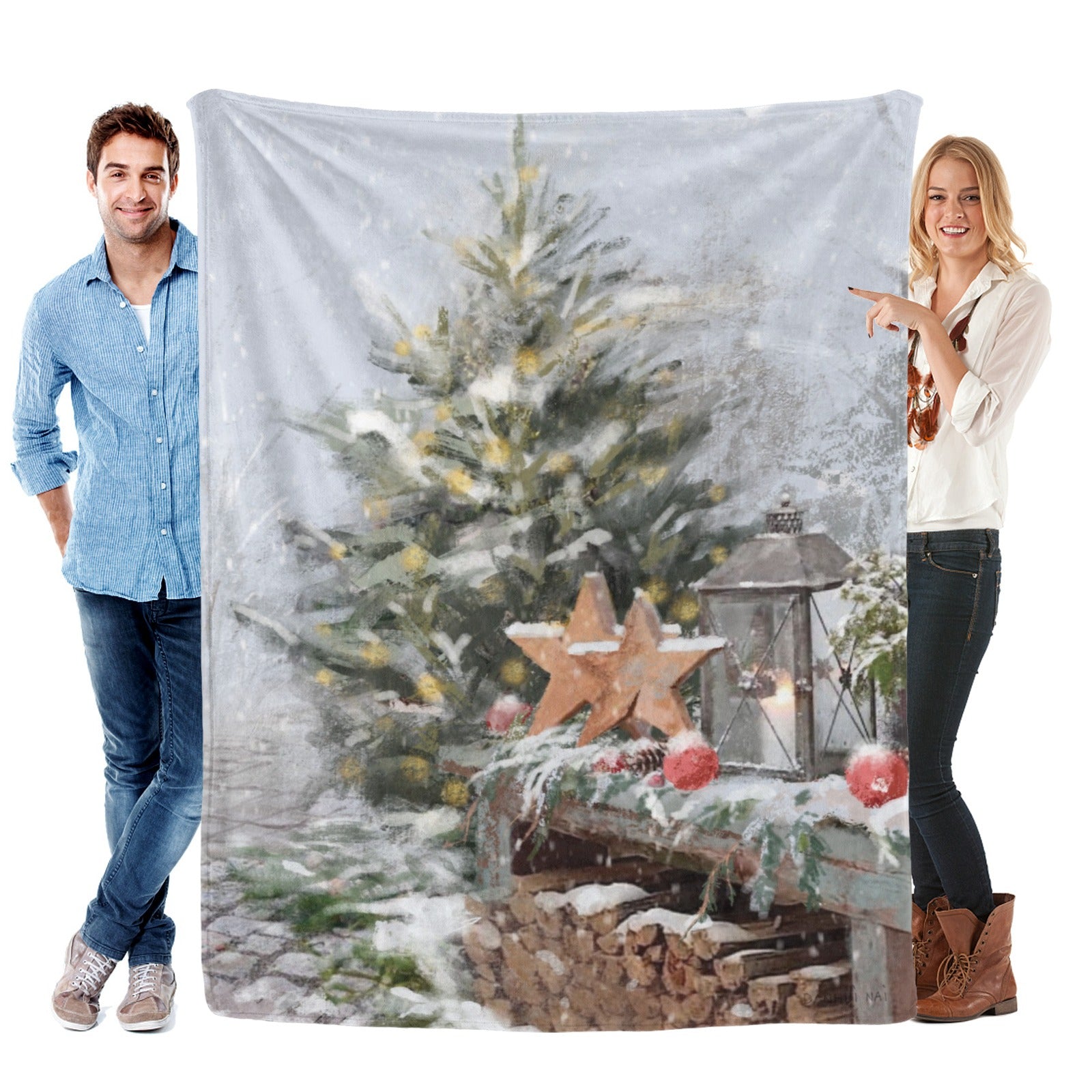 Winter season Christmas tree flannel blanket made in USA. Winter holiday design, warm and cozy.