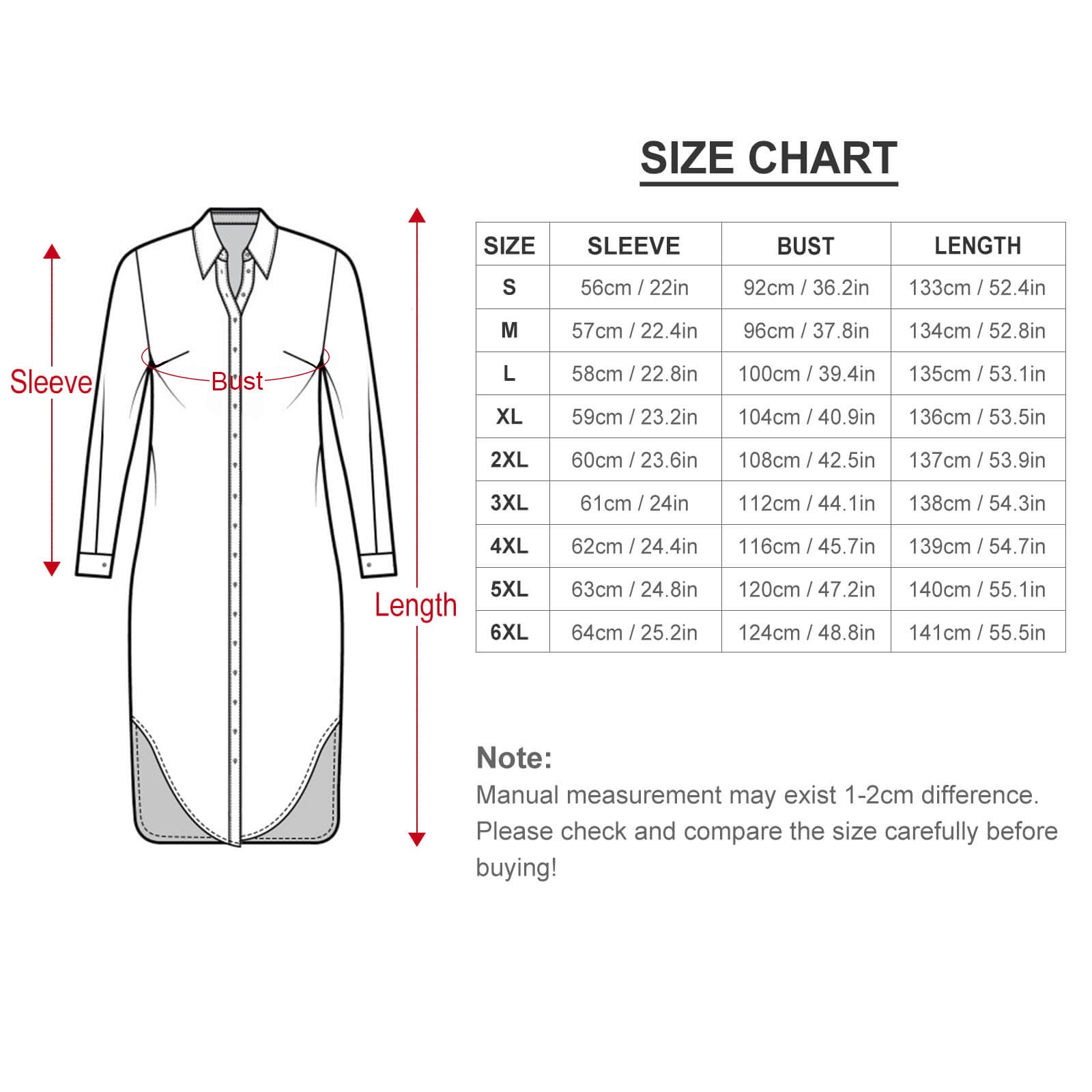 Size chart for women's long sleeve button-down shirt dress, featuring sleeve, bust, and length measurements for sizes S-6XL.