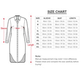 Size chart for women's long sleeve button-down shirt dress, featuring sleeve, bust, and length measurements for sizes S-6XL.