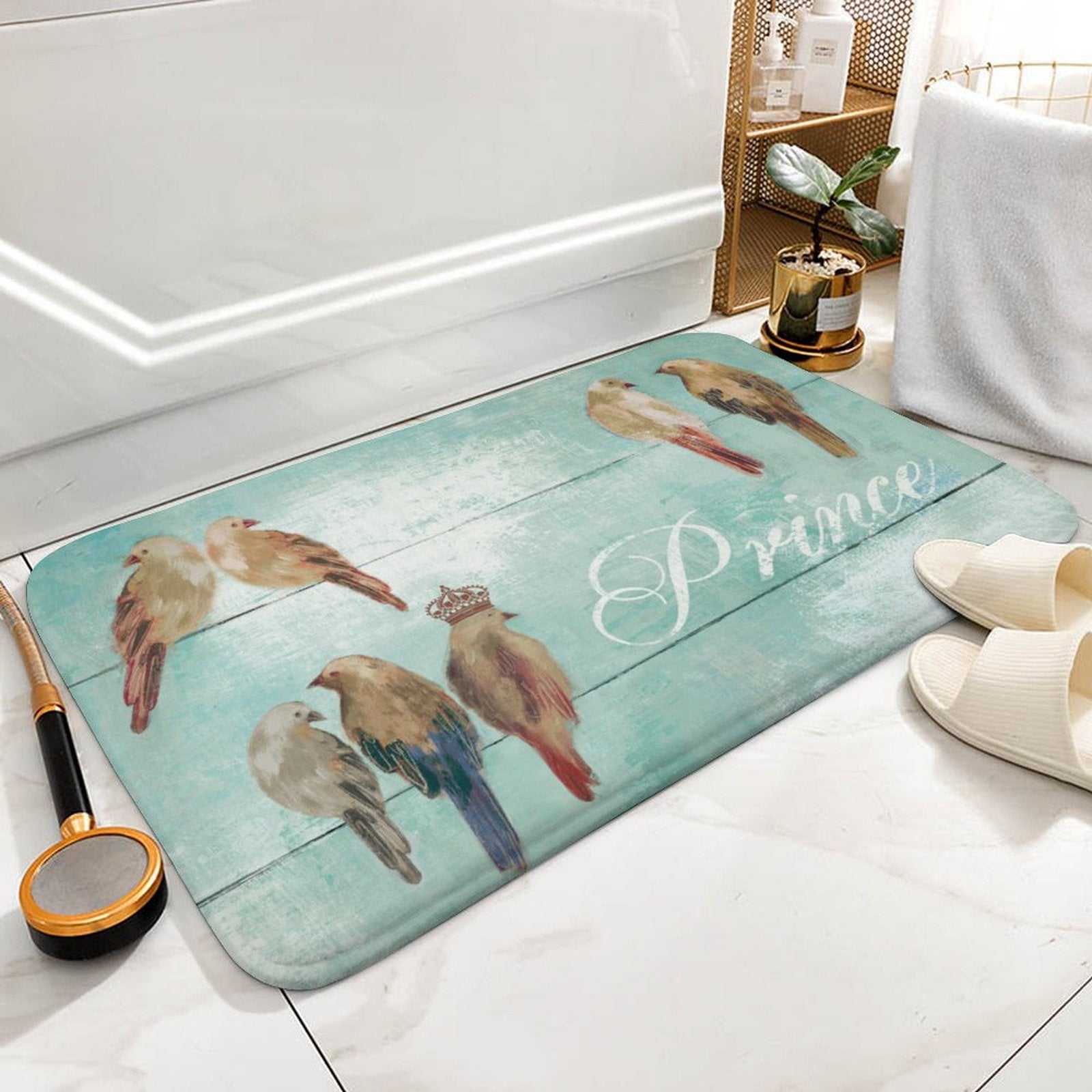 Coral velvet bathroom rug with bird design and "Prince" text, non-slip and water-absorbent