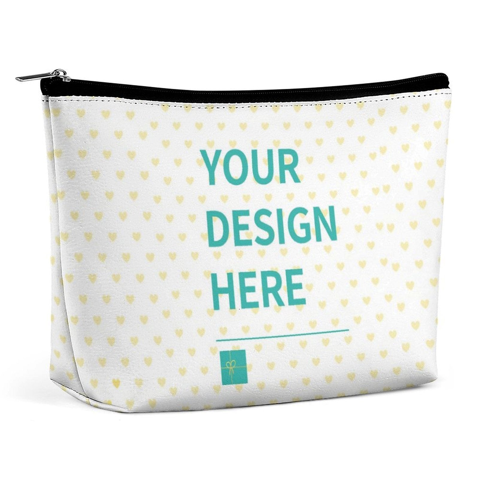 Custom Makeup Bag with 'Your Design Here' in white PU material. Personalized Cosmetic Bag for Women.
