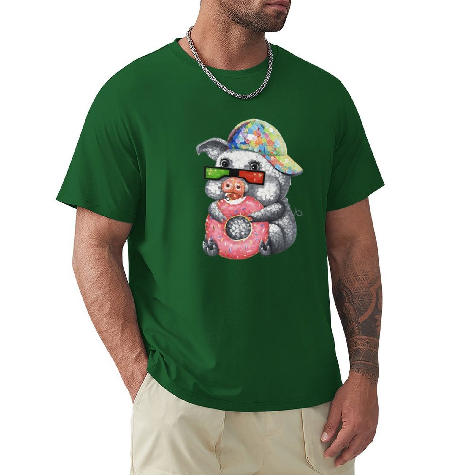 Men's green crew neck t-shirt with pig graphic holding a donut. Comfortable casual tee from MyArtsyGift.