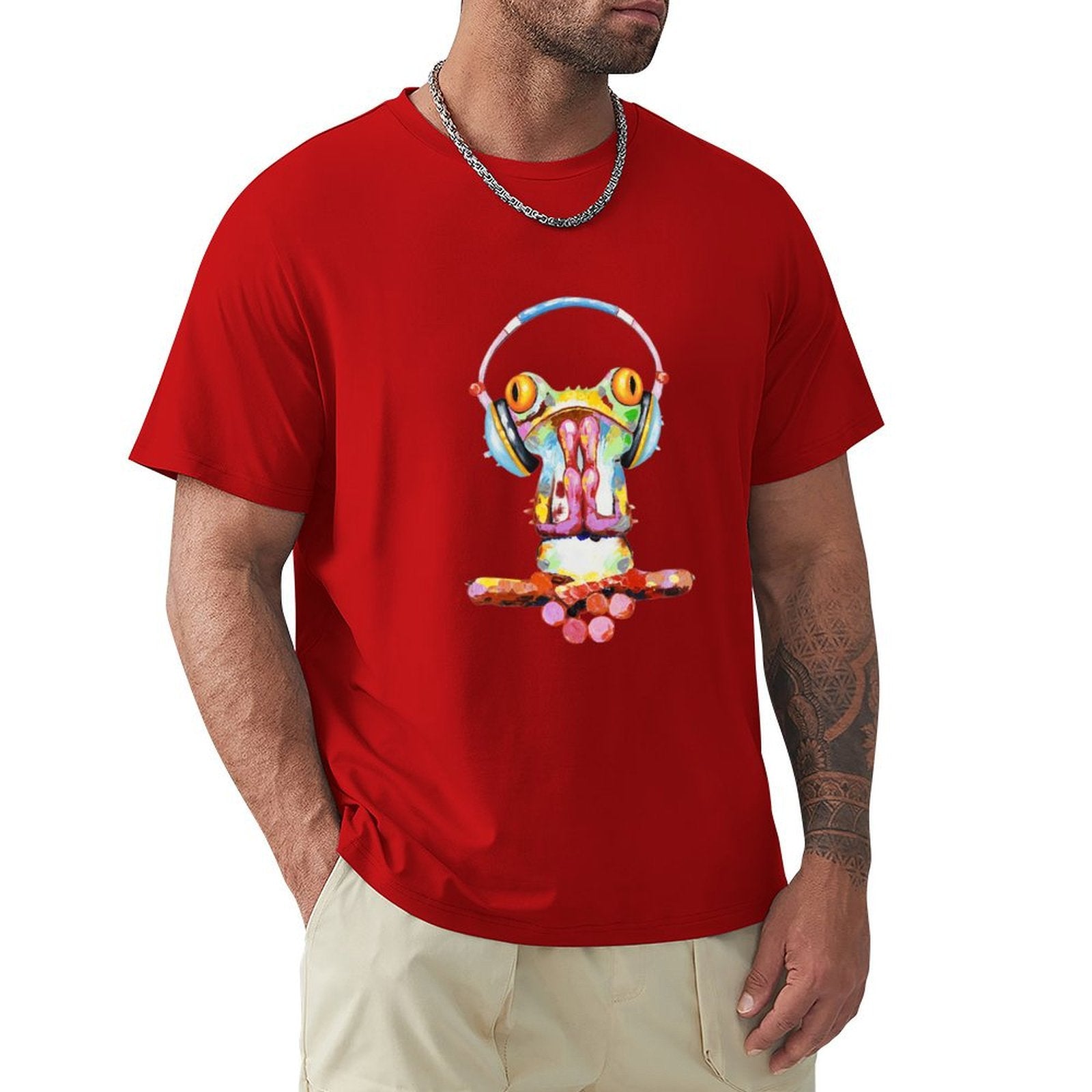 Men's red short sleeve t-shirt with colorful frog art design, comfortable cotton tee, MyArtsyGift