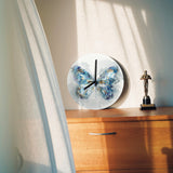 Modern blue butterfly MDF wall clock on a wooden surface, ideal for living room, kitchen, or office decor.